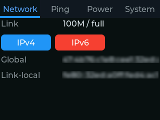 Network tab: IPv6 selected, showing global and link-local addresses