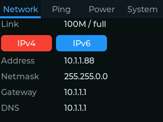Network tab: 100M full duplex link, IPv4 selected, showing address, netmask, gateway and DNS
