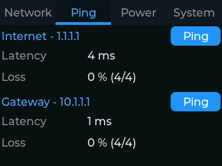 Ping tab after a run, 4 ms to the internet and 1 ms to the gateway, no loss