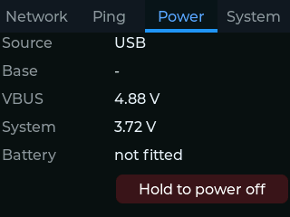 Power tab on USB, VBUS 4.88 V, system 3.72 V, no battery fitted