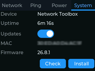 System tab showing device name, uptime, update toggle, MAC and firmware version